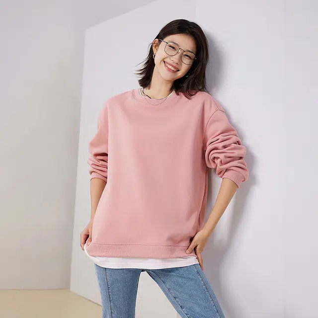 初语 休闲宽松纯色圆领假两件拼接街头卫衣 女款