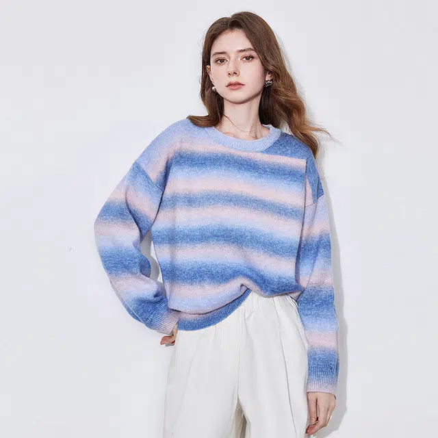 初语 条纹简约宽松长袖毛衣 女款 梦幻紫