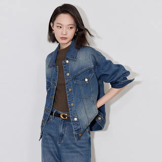 初语 复古磨白翻领单排扣怀旧时尚牛仔外套 女款