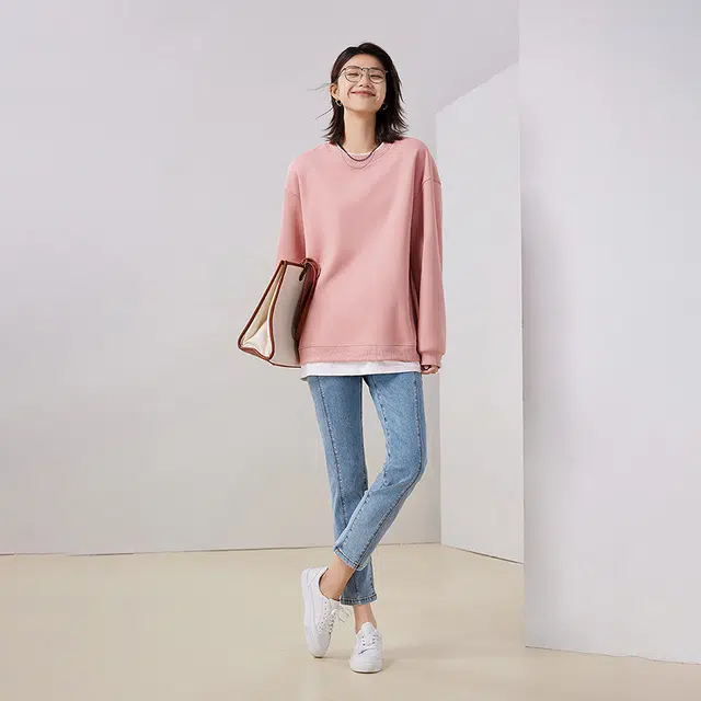 初语 休闲宽松纯色圆领假两件拼接街头卫衣 女款