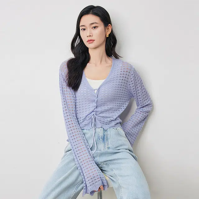 初语 度假薄款镂空纯色开衫针织衫 女款