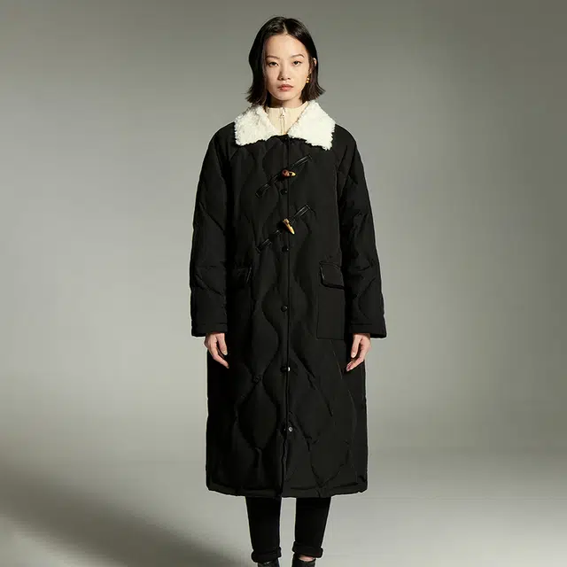 初语 毛绒领菱格纹复古长款过膝加厚外套羽绒服 女款