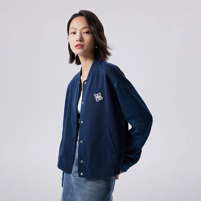 初语 短款立领拼接复古休闲外搭棒球服外套 女款 藏青色
