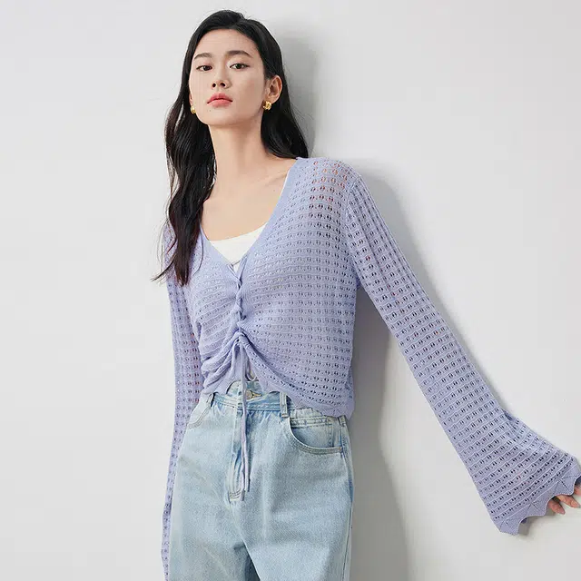 初语 度假薄款镂空纯色开衫针织衫 女款