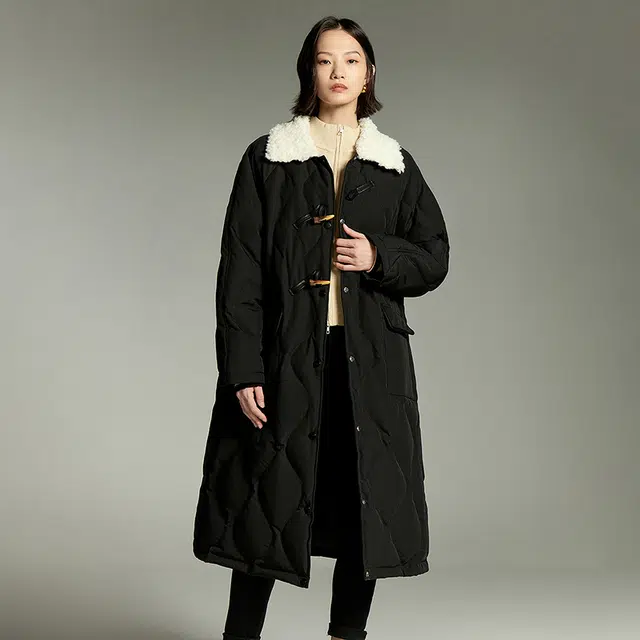 初语 毛绒领菱格纹复古长款过膝加厚外套羽绒服 女款