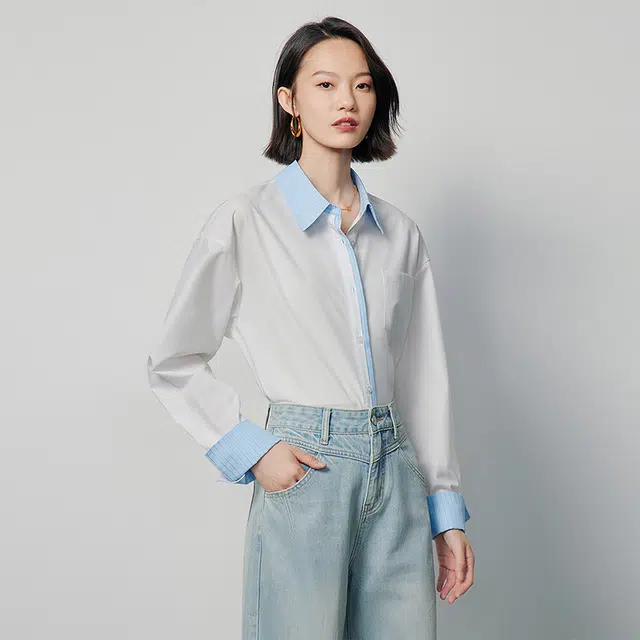 初语 率性通勤风撞色拼接不易皱休闲长袖衬衫 女款