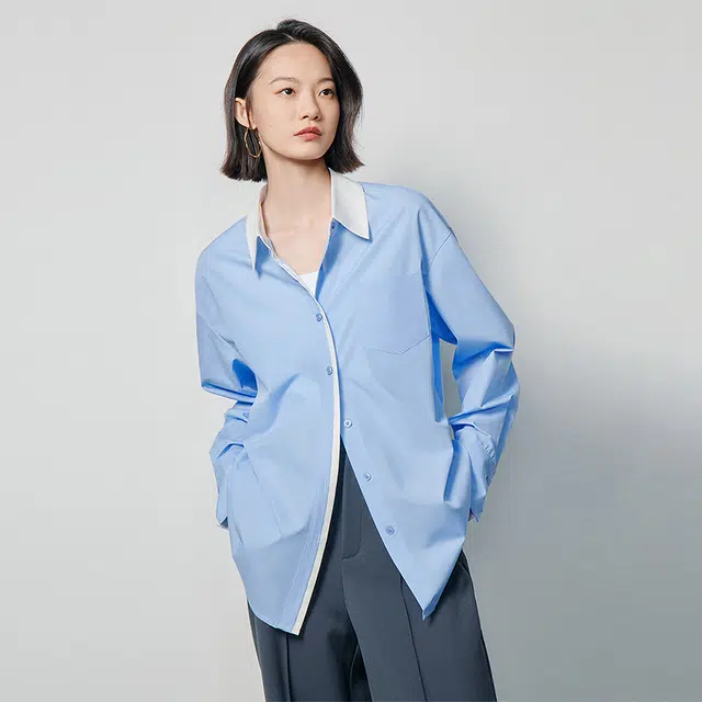 初语 率性通勤风撞色拼接不易皱休闲长袖衬衫 女款