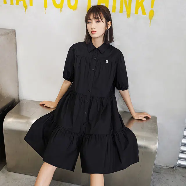 初语 翻领纯色休闲短袖连衣裙 女款