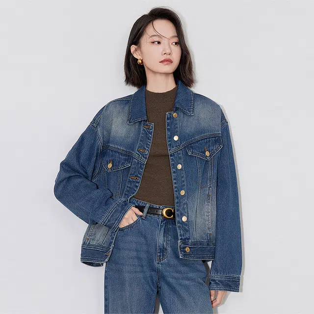 初语 复古磨白翻领单排扣怀旧时尚牛仔外套 女款