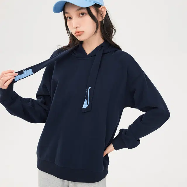 初语 藏青色可爱猫咪刺绣宽松加绒加厚连帽衫卫衣 女款