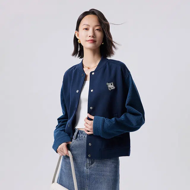 初语 短款立领拼接复古休闲外搭棒球服外套 女款 藏青色