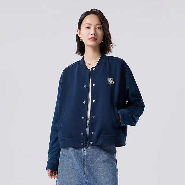 初语 短款立领拼接复古休闲外搭棒球服外套 女款 藏青色