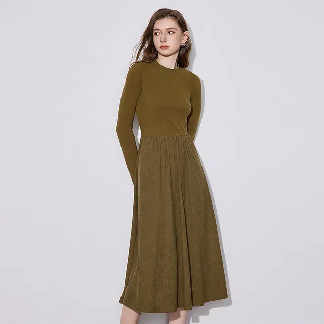 初语 气质黑色拼接连长袖连衣裙中长舒绒灯芯绒保暖长裙子 女款