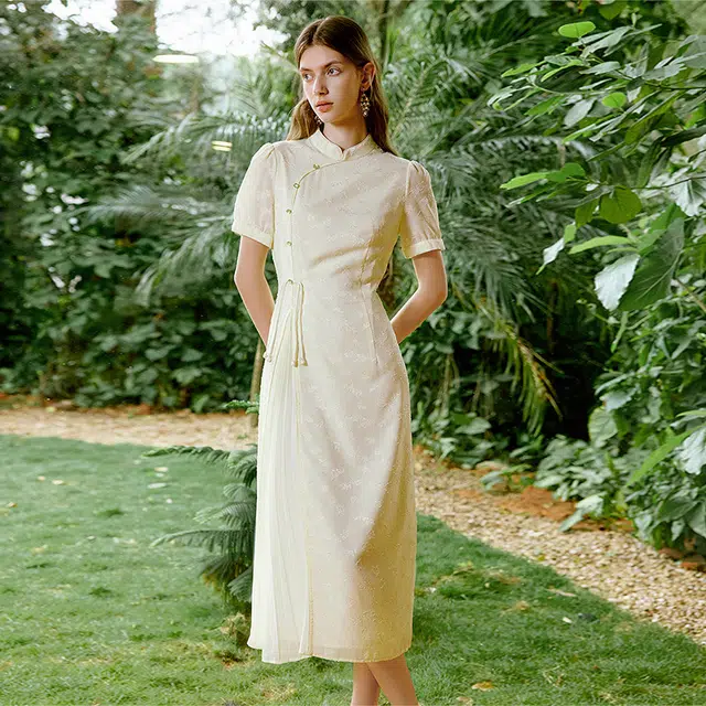 初语 优雅改良国风新中式拼接短袖连衣裙 女款 米黄色