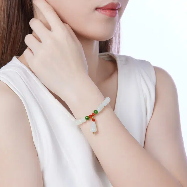 翠雅金楼 新中式小众素雅 福禄双全葫芦多宝珠串 和田玉 手串 女款 青白玉