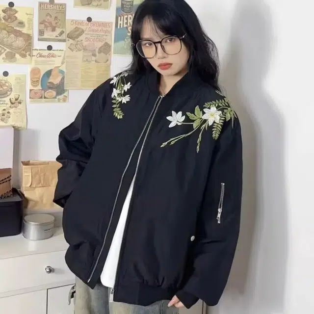 稻草人 美式复古花卉刺绣飞行员外套情侣春秋季潮牌帅气休闲百搭宽松棒球服夹克 男女同款