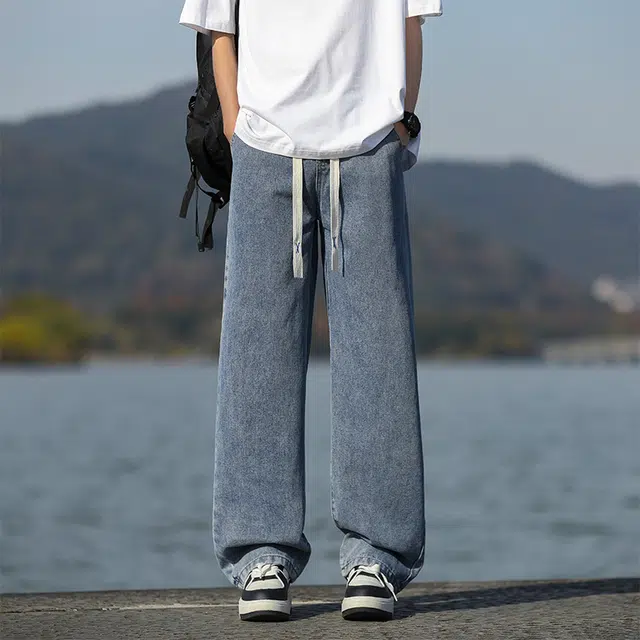 稻草人 美式复古男士夏季薄款宽松直筒阔腿休闲长裤子 牛仔裤  男女同款