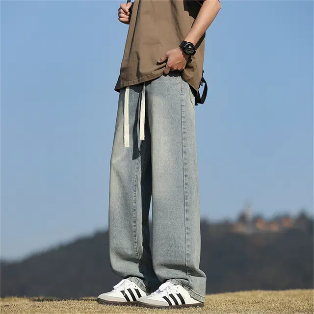 稻草人 薄款宽松直筒复古潮流简约系带牛仔裤 男女同款