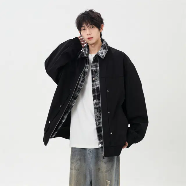 稻草人 假两件外套男款春秋季潮牌高级感痞帅休闲格纹翻领男生夹克 男女同款