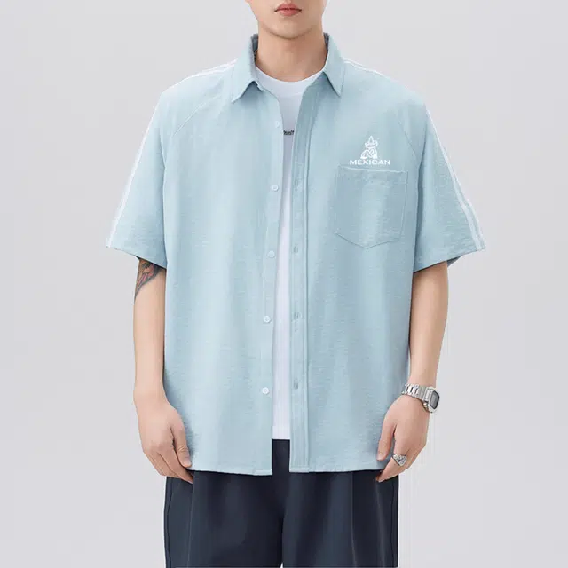 稻草人 男夏季薄款外穿日系短袖痞帅潮牌外套休闲男士上衣服衬衫 男女同款