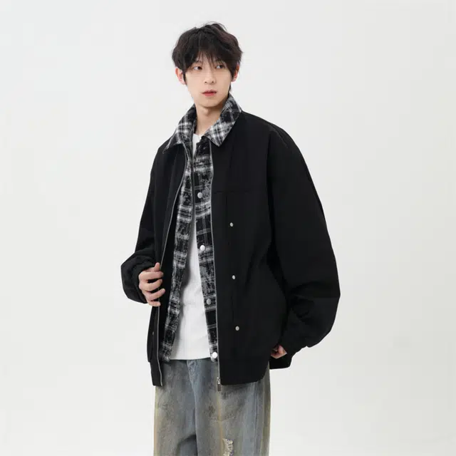 稻草人 假两件外套男款春秋季潮牌高级感痞帅休闲格纹翻领男生夹克 男女同款