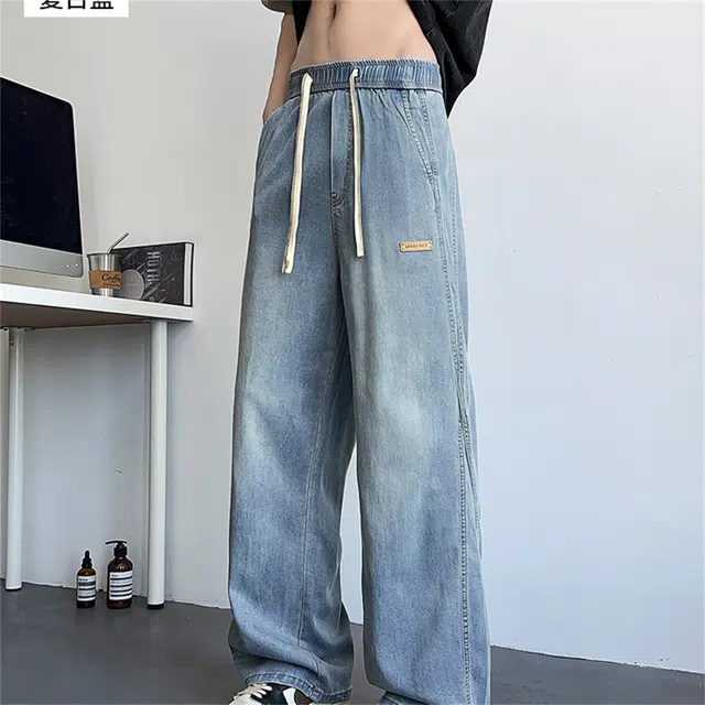 稻草人 薄款宽松时尚百搭阔腿潮牌水洗牛仔裤 男女同款