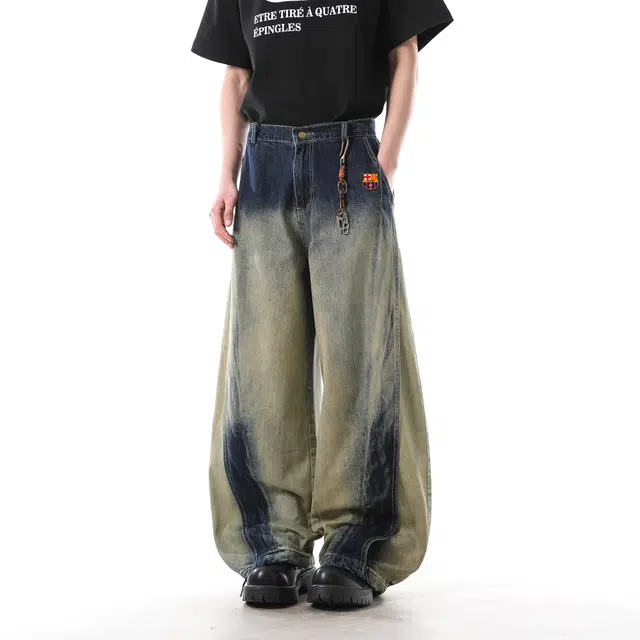 巴塞罗那足球俱乐部 美式复古水洗渐变晕染做旧牛仔裤 男女同款