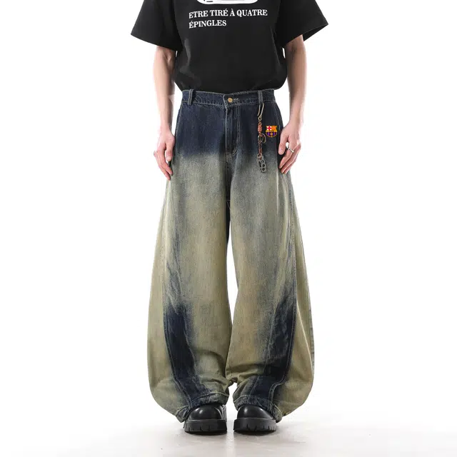 巴塞罗那足球俱乐部 美式复古水洗渐变晕染做旧牛仔裤 男女同款