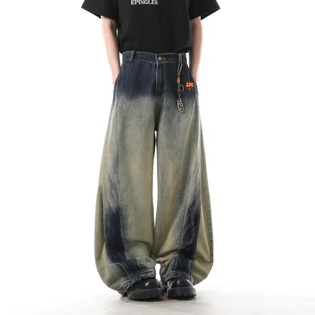 巴塞罗那足球俱乐部 美式复古水洗渐变晕染做旧牛仔裤 男女同款