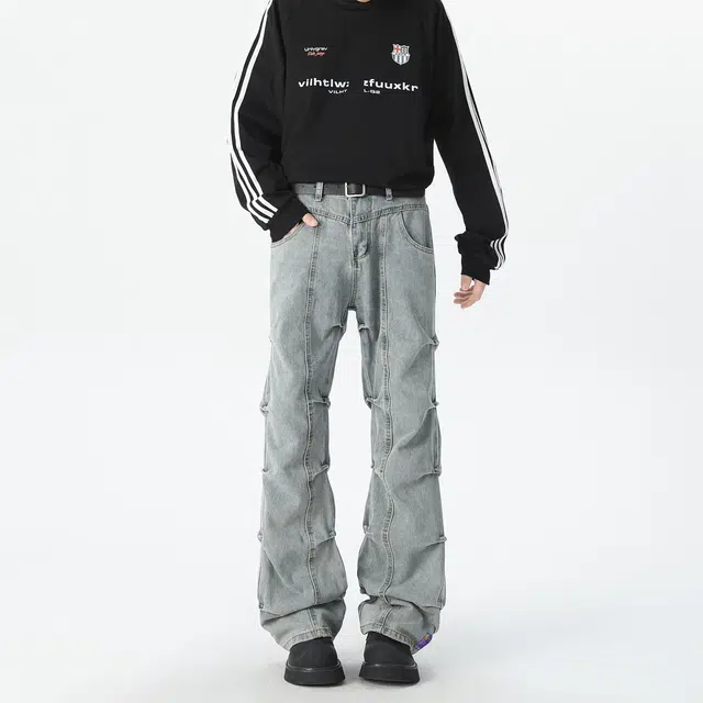 巴塞罗那足球俱乐部 美式高街复古水洗做旧直筒竹节褶皱设计小众高级感废土风宽松阔腿牛仔裤 男女同款