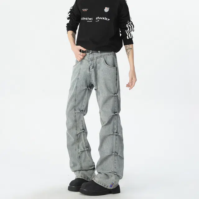 巴塞罗那足球俱乐部 美式高街复古水洗做旧直筒竹节褶皱设计小众高级感废土风宽松阔腿牛仔裤 男女同款