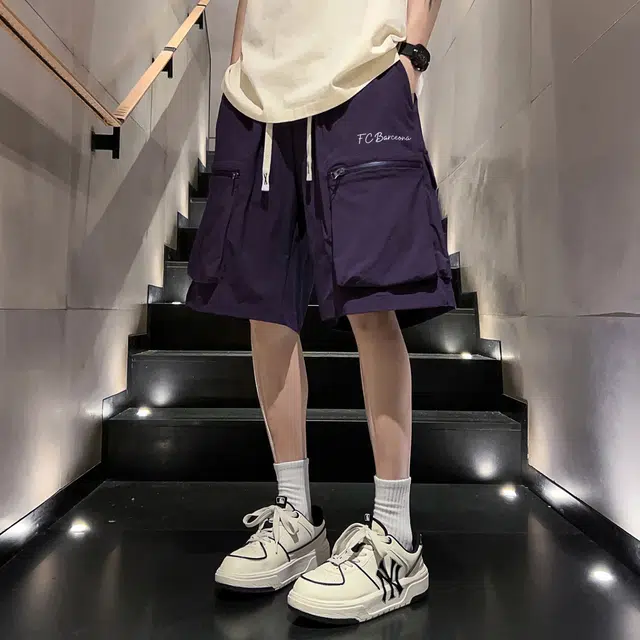 巴塞罗那足球俱乐部 美式户外城市机能风品牌字母印花拉链工装口袋五分宽松百搭潮牌透气轻薄休闲短裤 男女同款