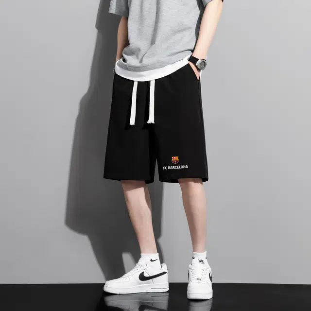 巴塞罗那足球俱乐部 美式简约复古夏季宽松抽绳舒适透气时尚百搭日常通勤速干户外跑步纯色五分裤休闲短裤 男女同款