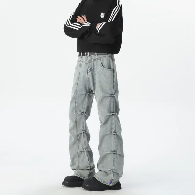 巴塞罗那足球俱乐部 美式高街复古水洗做旧直筒竹节褶皱设计小众高级感废土风宽松阔腿牛仔裤 男女同款