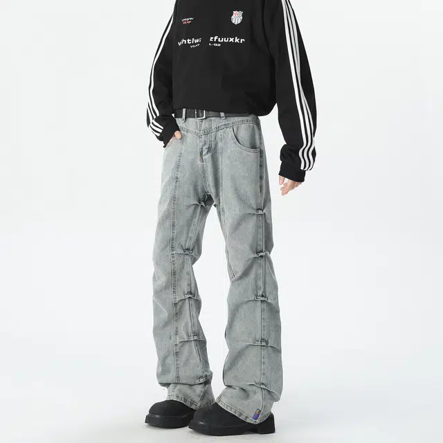 巴塞罗那足球俱乐部 美式高街复古水洗做旧直筒竹节褶皱设计小众高级感废土风宽松阔腿牛仔裤 男女同款