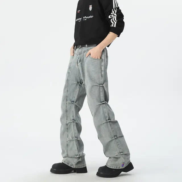 巴塞罗那足球俱乐部 美式高街复古水洗做旧直筒竹节褶皱设计小众高级感废土风宽松阔腿牛仔裤 男女同款