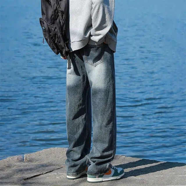 羽浅 水洗做旧阔腿裤美式宽松休闲裤子牛仔裤 男女同款