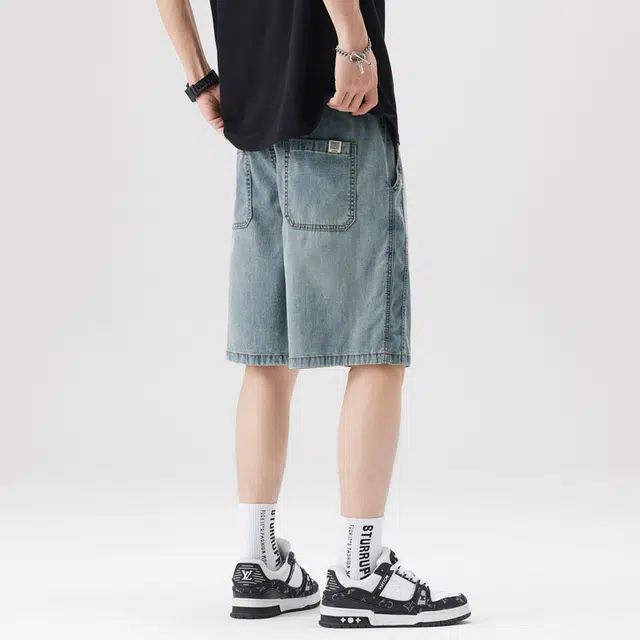 羽浅 薄款潮牌水洗宽松休闲设计感复古五分裤牛仔短裤 男女同款