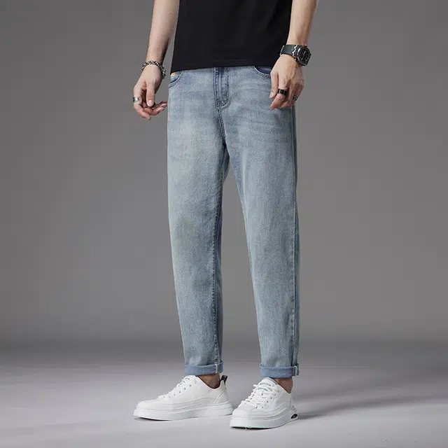 羽浅 潮牌轻奢莱赛尔天丝弹力舒适长裤时尚复古怀旧小标识百搭裤子潮流修身小直筒牛仔裤 男款