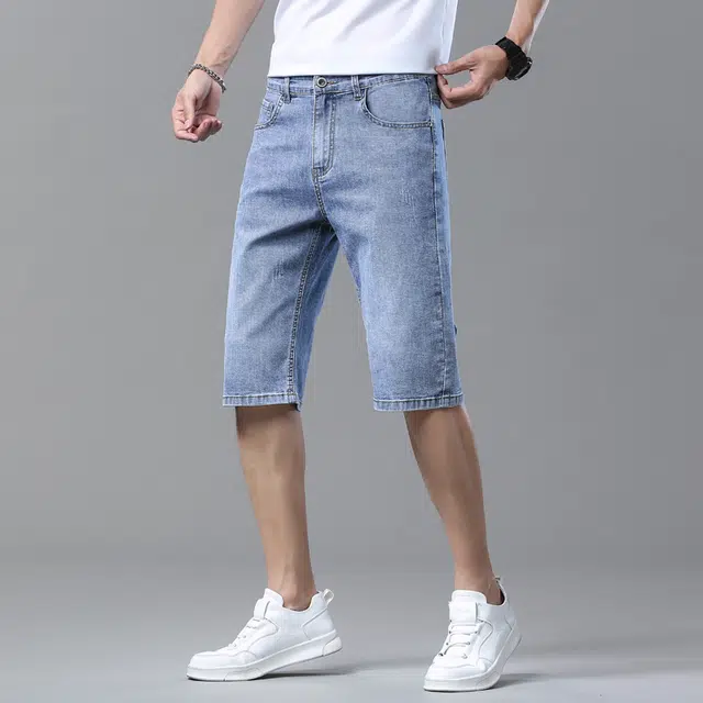 羽浅 男士夏季薄款潮流宽松直筒五分裤水洗休闲中裤弹力裤子男牛仔短裤 男女同款