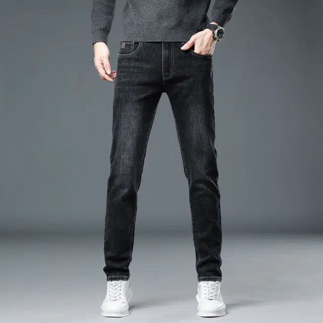 羽浅 秋冬厚款棉弹舒适百搭长裤时尚刺绣休闲弹力裤子潮流修身直筒牛仔裤 男款