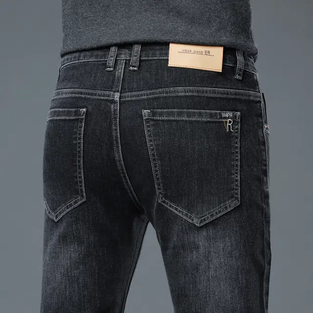 羽浅 秋冬厚款棉弹舒适百搭长裤时尚刺绣休闲弹力裤子潮流修身直筒牛仔裤 男款