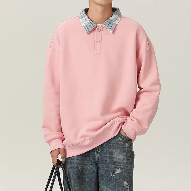 羽浅 潮流美式街头休闲宽松格子翻领上衣时尚百搭假两件学生衣服春秋季套头卫衣 男款