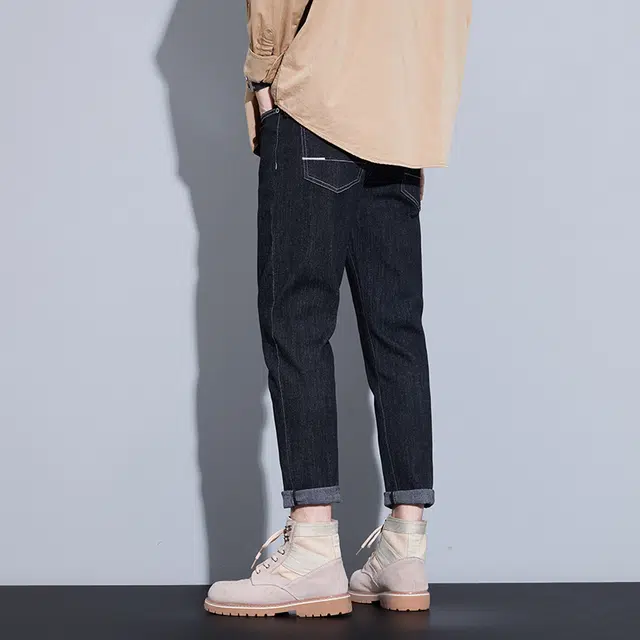 羽浅 秋冬款潮牌百搭弹力九分裤时尚后袋刺绣小标识棉弹耐磨裤子潮流修身牛仔裤 男款