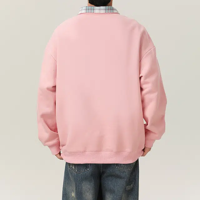 羽浅 潮流美式街头休闲宽松格子翻领上衣时尚百搭假两件学生衣服春秋季套头卫衣 男款