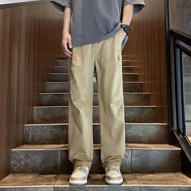 羽浅 美式宽松直筒薄款纯棉工装褶皱条纹设计感简约百搭阔腿休闲裤 男款