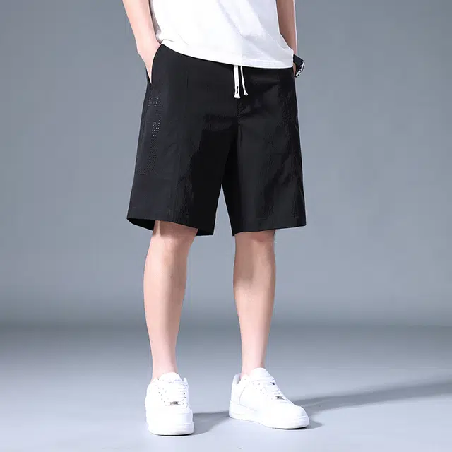羽浅 夏季薄款冰丝运动中裤潮流刺绣百搭五分裤宽松休闲短裤 男款