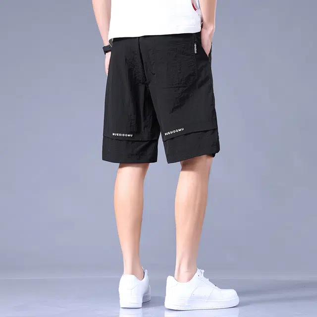 羽浅 薄款透气冰丝五分裤时尚运动中裤潮牌贴标宽松百搭休闲短裤 男款