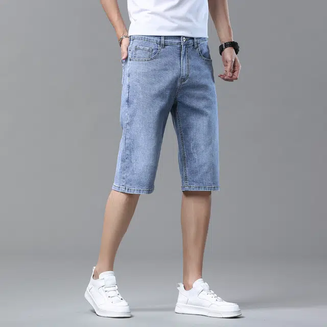 羽浅 男士夏季薄款潮流宽松直筒五分裤水洗休闲中裤弹力裤子男牛仔短裤 男女同款