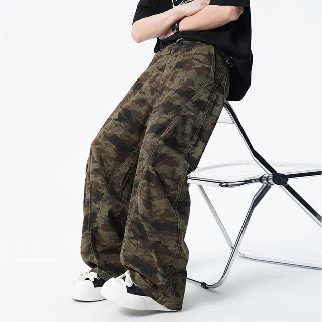 羽浅 美式潮牌宽松舒适高腰复古休闲薄款工装裤 男女同款 迷彩色